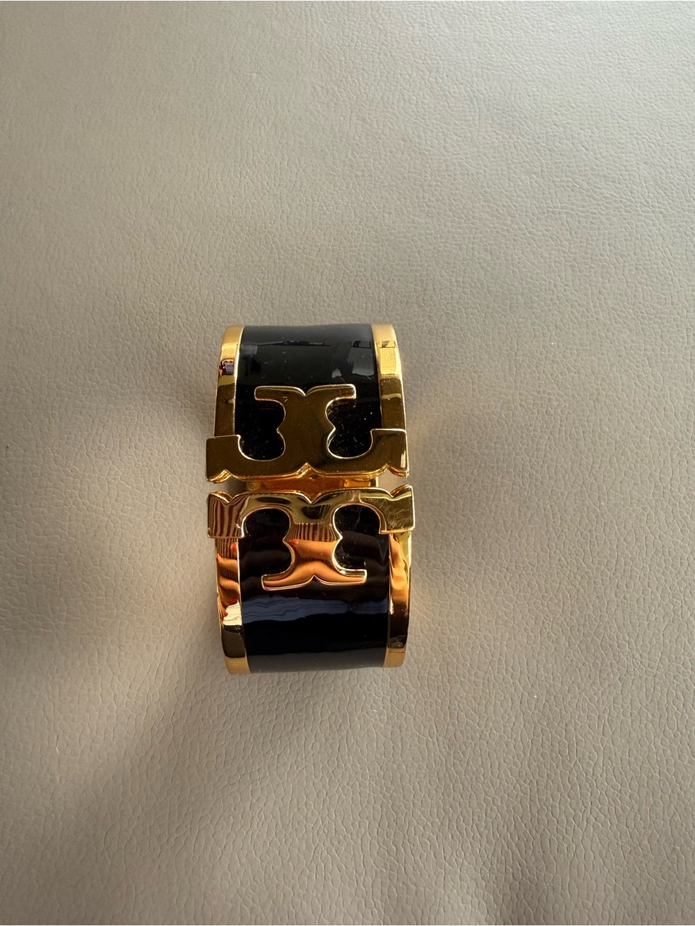 Tory Burch Black and Gold Logo Cuff Bracelet